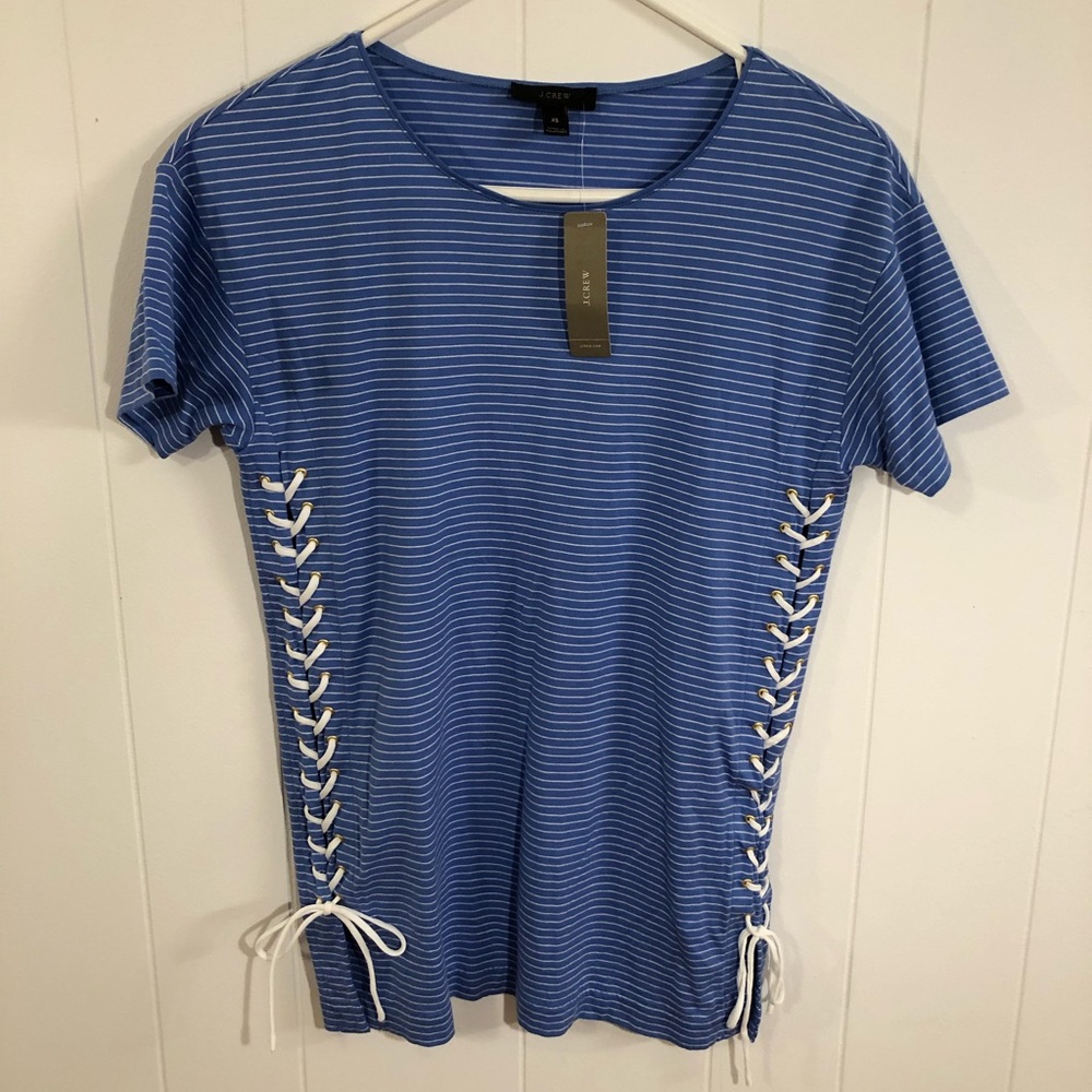 J Crew NWT Blue/White Stripped Laced Up Sides T-Shirt XS